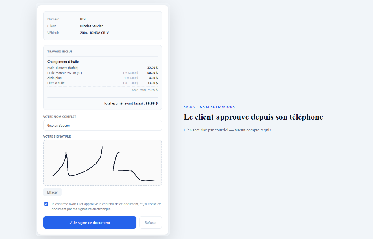 Signature électronique et approbation d'estimé AteliX