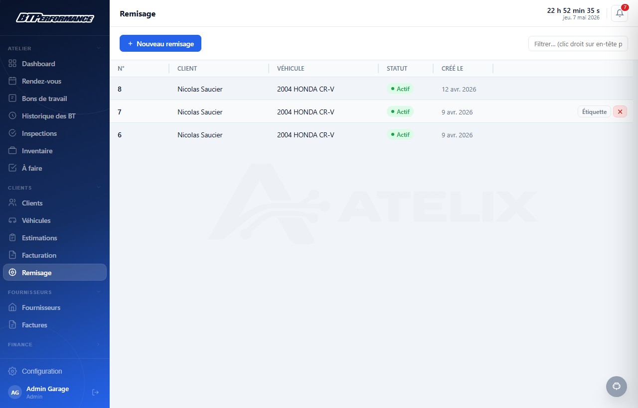 Gestion d'entreposage de pneus AteliX